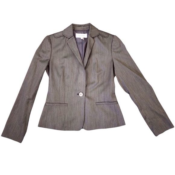CALVIN KLEIN Blazer Sz 2 Women's Taupe Gray Accent Stitching Suit Jacket Coat - Picture 1 of 16